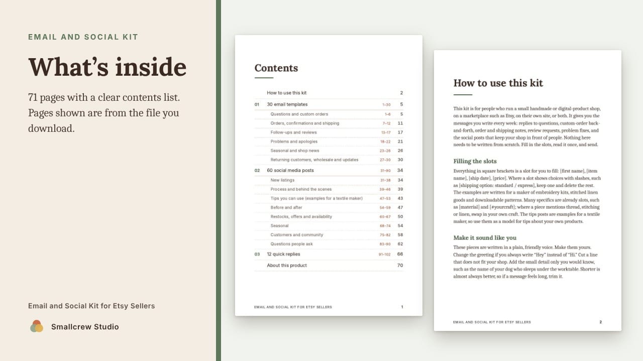 A look inside Email and Social Kit for Etsy Sellers