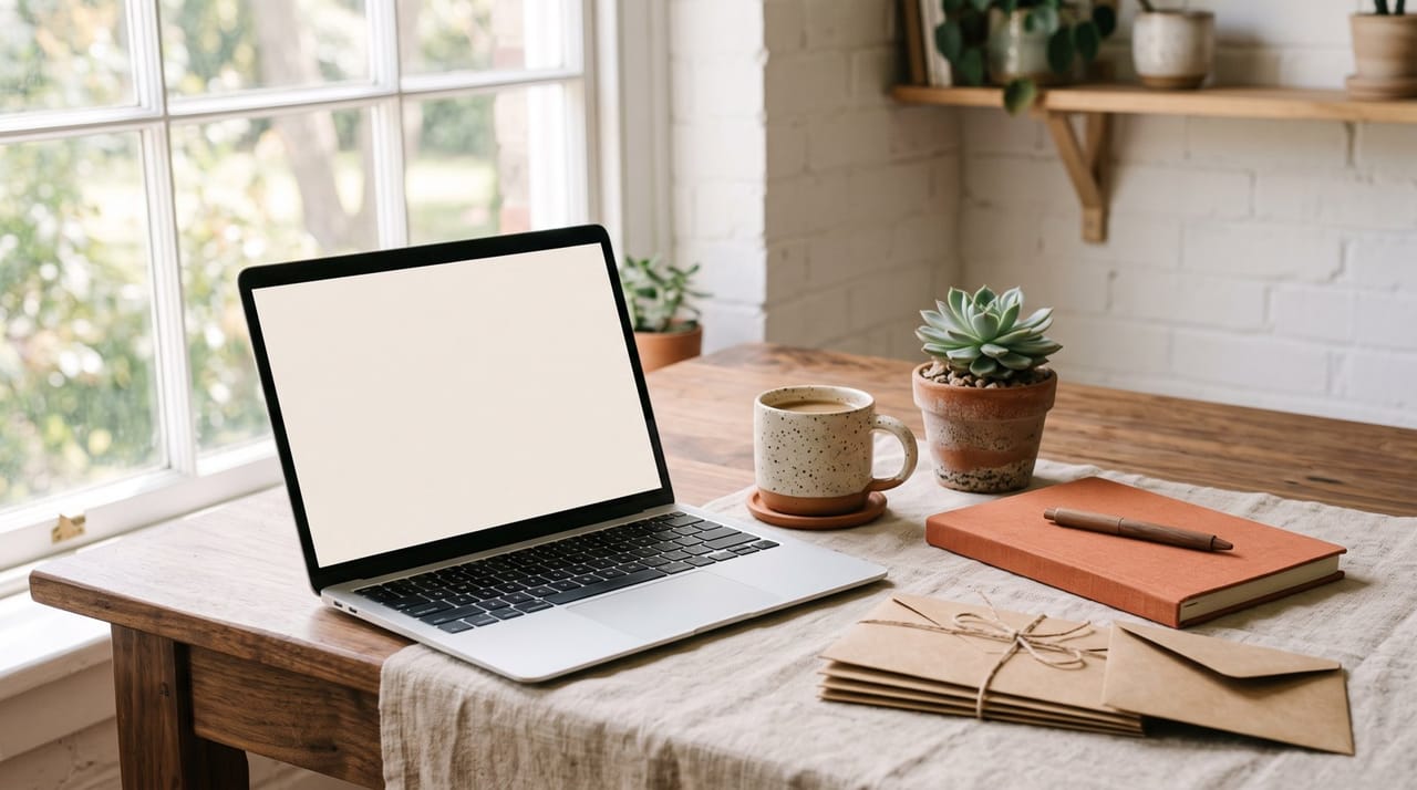 A laptop, a mug of coffee, a notebook and craft-paper envelopes on a wooden desk by a window.