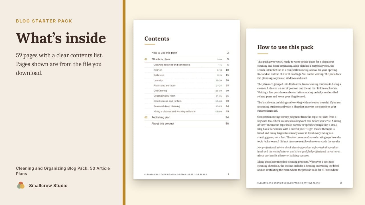 A look inside Cleaning and Organizing Blog Pack: 50 Article Plans