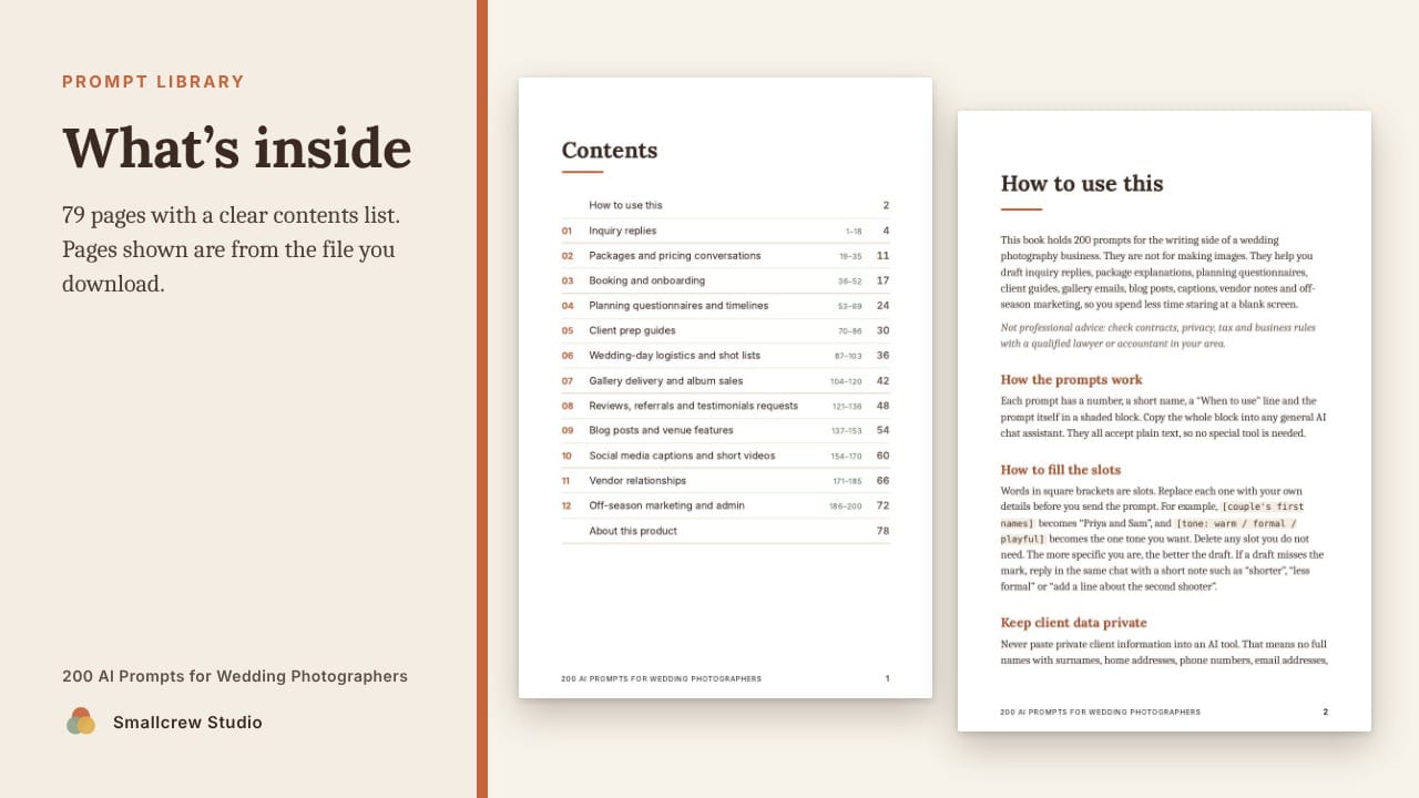 A look inside 200 AI Prompts for Wedding Photographers